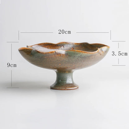 "Ember Clay wabi-sabi ceramic bowl with scalloped lotus rim, 20 × 9 cm pedestal base"