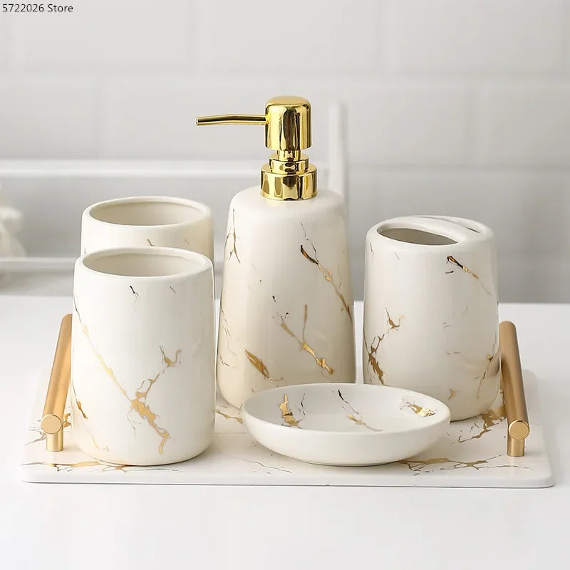 Marble porcelain bathroom set

Luxury bathroom accessories 

Ceramic soap dispenser set

Marble toothbrush holder

Vanity tray bathroom organiser

Porcelain toiletries suite

Modern bathroom decor

Marble effect bathroom kit

