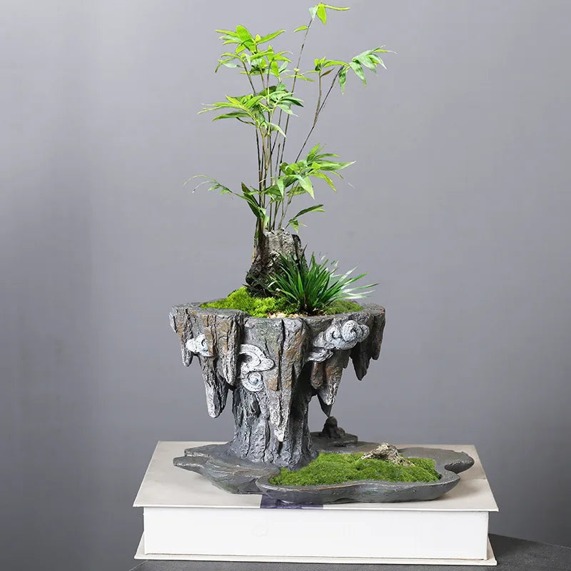 "Floating Rock" Bonsai Planter — Stone Grey and Crimson Rock side by side