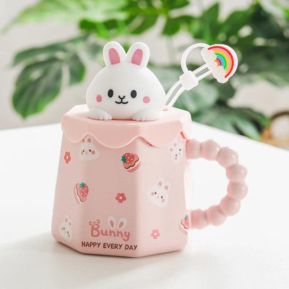 Cartoon Ceramic Mug Lid And Spoon Novelty Mug Kids Mug Cute Coffee Mug Gift Anime Kawaii