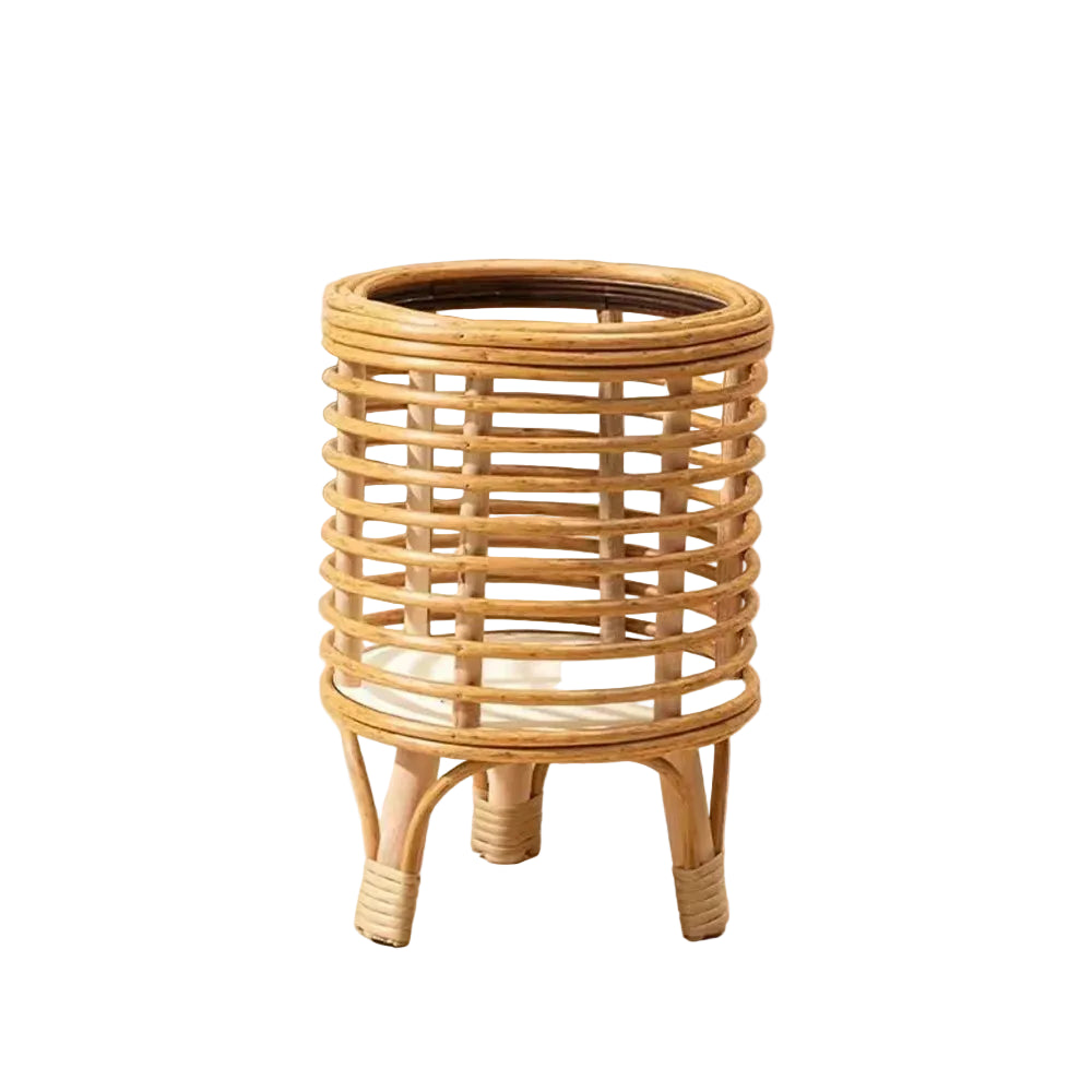 "Rattan Weave" natural rattan plant stand with spiral horizontal weave pattern, Small size, glass top insert, three-legged base, warm honey tone finish, shown on white background