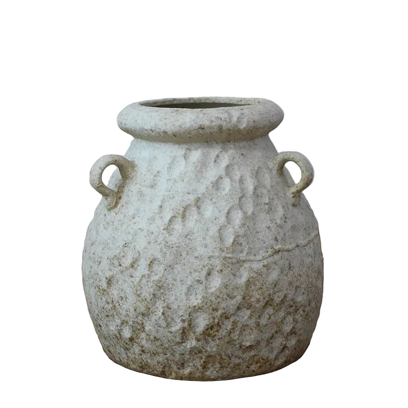 "Chalk Small wabi-sabi ceramic jar with hammered texture and loop handles