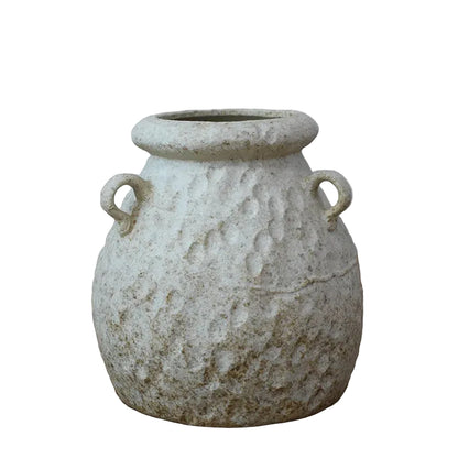 "Chalk Small wabi-sabi ceramic jar with hammered texture and loop handles