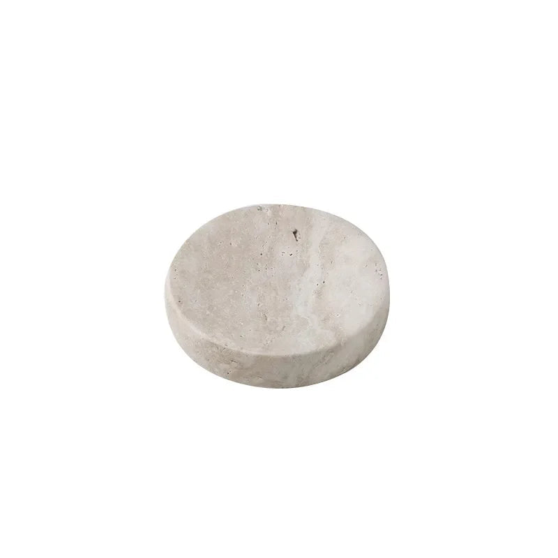  Natural travertine soap dish, round flat form, warm beige stone texture, 9.5 × 2 cm — wabi-sabi bathroom accessory