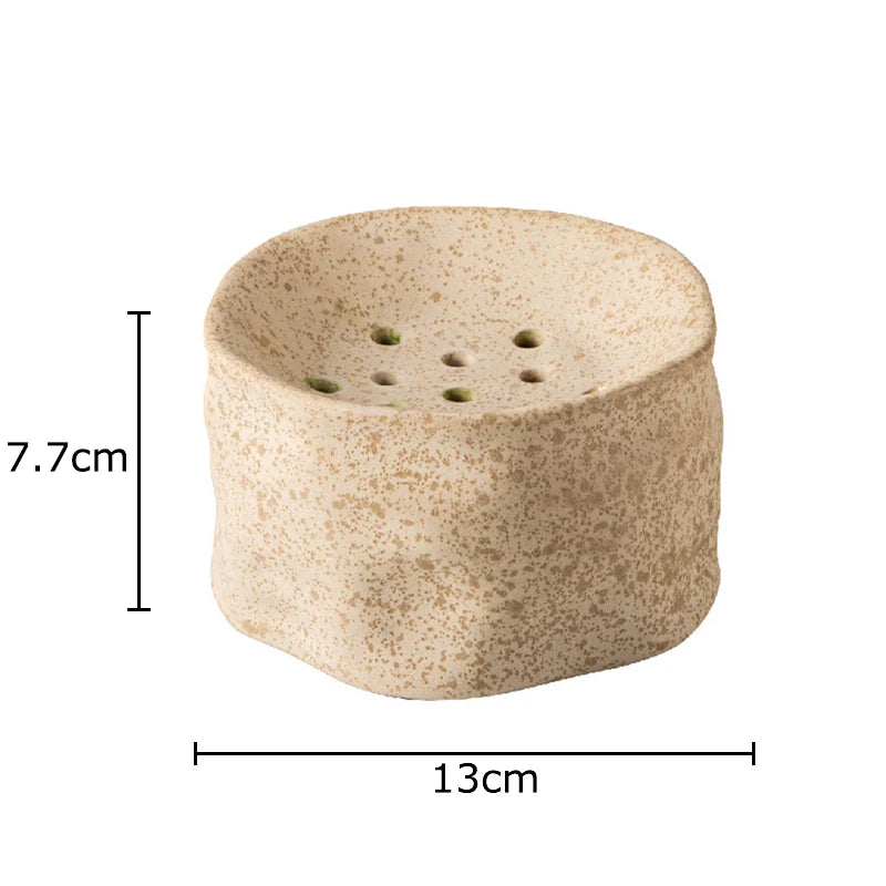 Stone kenzan ceramic bowl with flower frog holes, 13×7.7cm, white matte glaze"