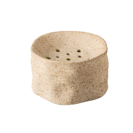 Stone kenzan ceramic bowl with flower frog holes, 13×7.7cm, white matte glaze"