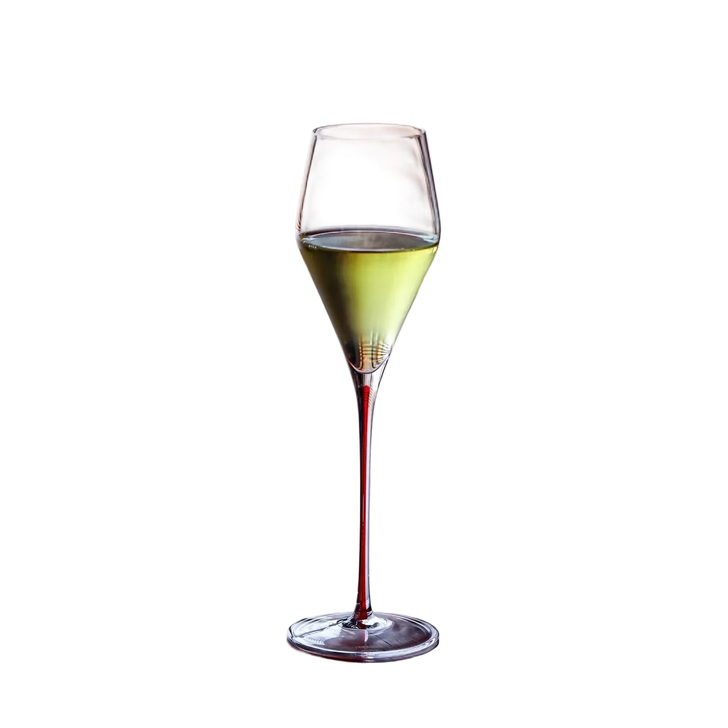  "Ink Line" geometric crystal wine glass with red stem filled with a drink, bold geometric design — CL House Drinkware collection