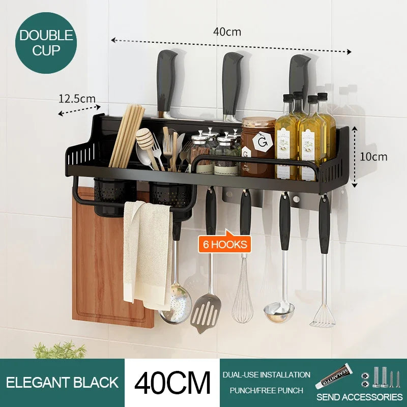  Matte black wall-mounted kitchen organiser shelf 40cm Double Cup configuration with 6 hooks, knife slots, spice shelf, towel bar and two organiser cups — dimensions 40 × 12.5 × 10 cm, dual-use drill or adhesive installation