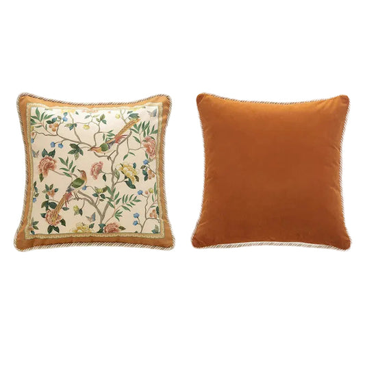 "Golden Garden" chinoiserie velvet square cushion cover front and back view, ivory ground with exotic birds and peonies among flowering branches, gold braided rope border, plain caramel velvet reverse — CL House Cushions collection