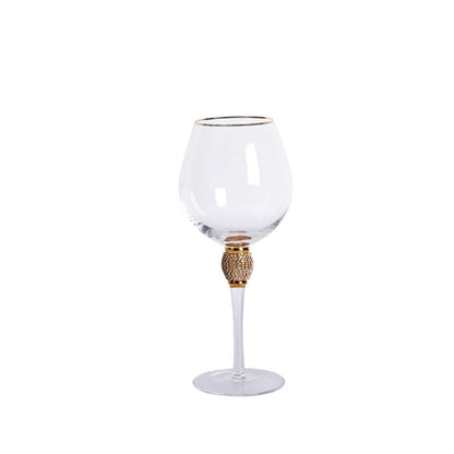 "Golden Jewel" Large Wine Glass with gold rim and micro-crystal bead stem, on a white background