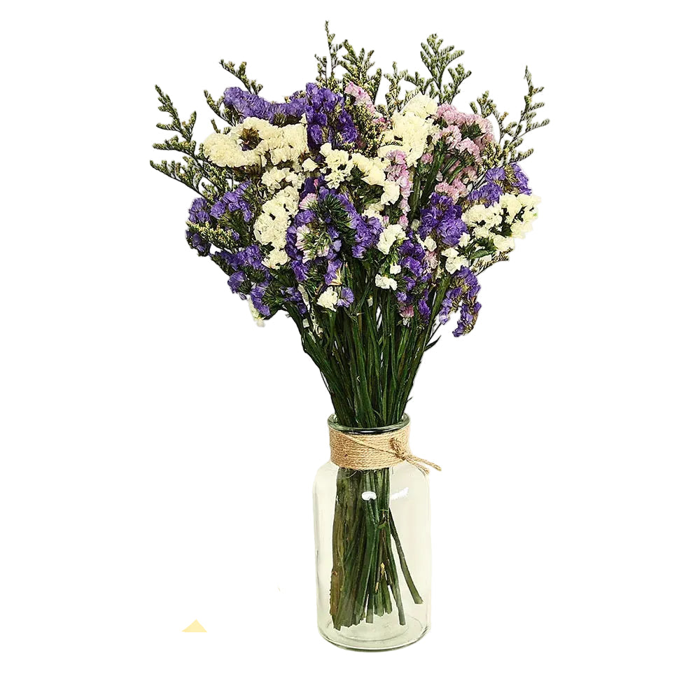 "Still Water" dried statice flower bouquet in Indigo Cloud — deep indigo and violet statice clusters, loose airy dried botanical arrangement
