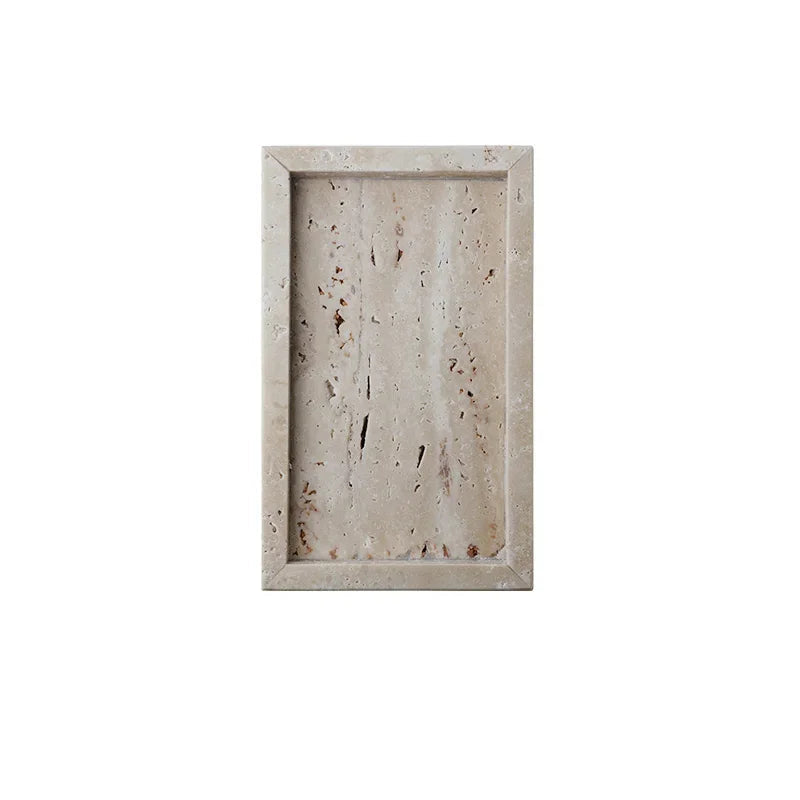Natural travertine rectangular bathroom tray, warm beige stone texture with fossil markings, 14 × 25 cm — wabi-sabi vanity organiser