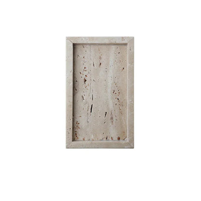 Natural travertine rectangular bathroom tray, warm beige stone texture with fossil markings, 14 × 25 cm — wabi-sabi vanity organiser