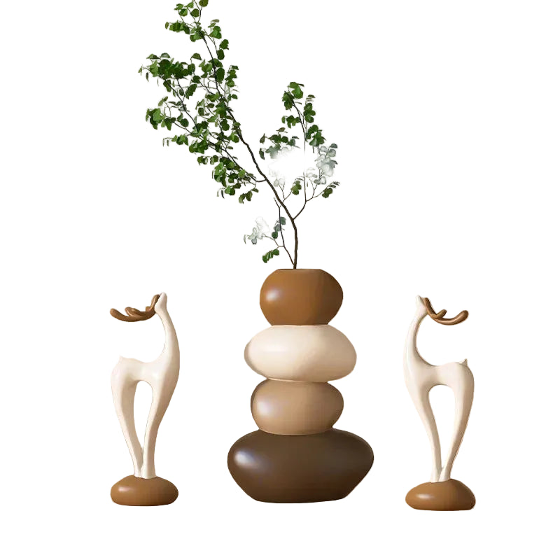 "Stone Stack" Vase & Deer Sculpture Set — complete set styled on sideboard with branches