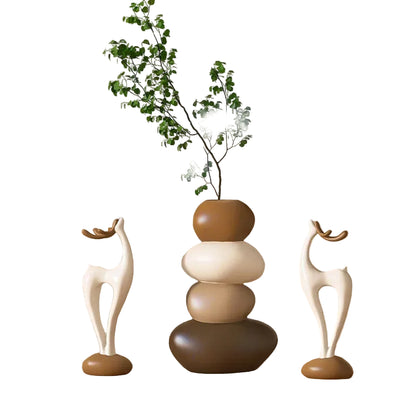 "Stone Stack" Vase & Deer Sculpture Set — complete set styled on sideboard with branches