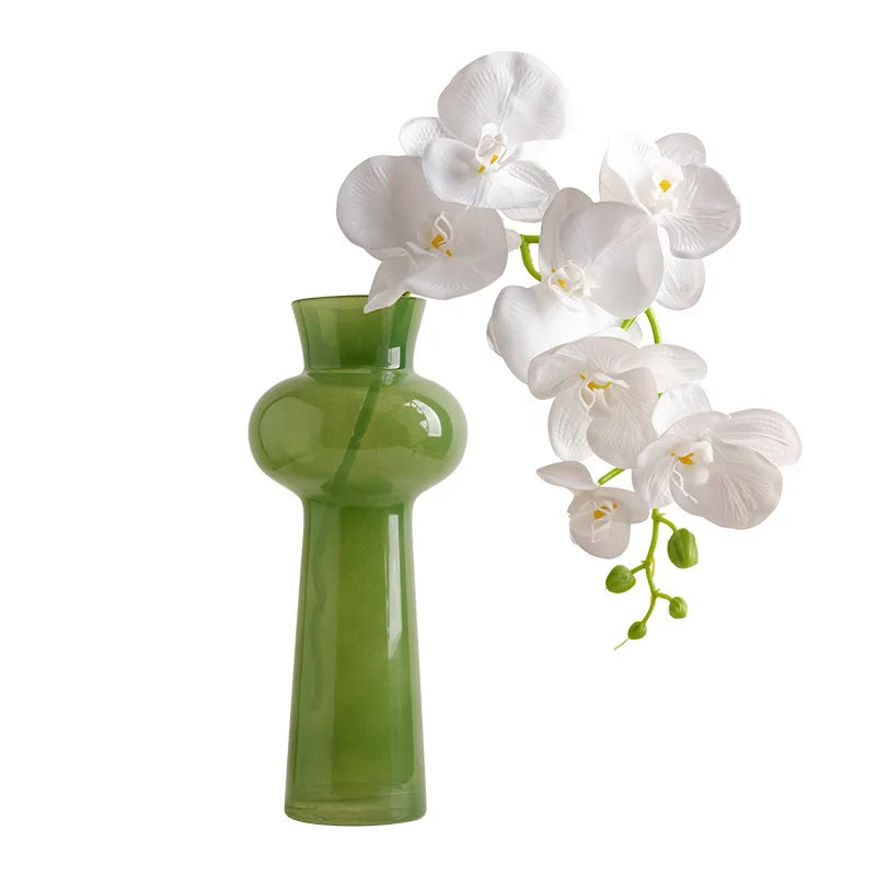  Moss Curve moss green glass vase styled with white orchid stems, white background