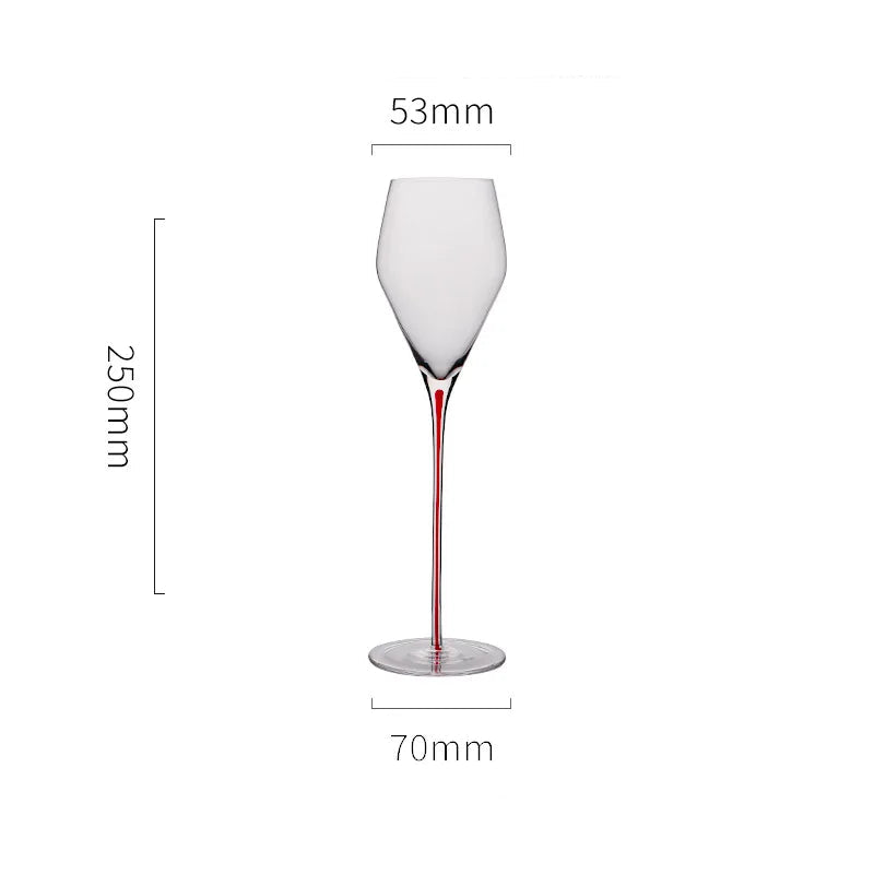  "Ink Line" geometric crystal wine glass with red stem on white background showing dimensions 53 × 70mm, 250ml capacity — CL House Drinkware collection