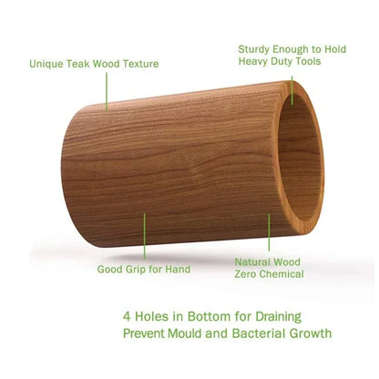  Solid teak wood utensil holder on white background with feature callouts — unique teak wood texture, sturdy enough to hold heavy duty tools, good grip for hand, natural wood zero chemical, 4 drainage holes in base to prevent mould and bacterial growth