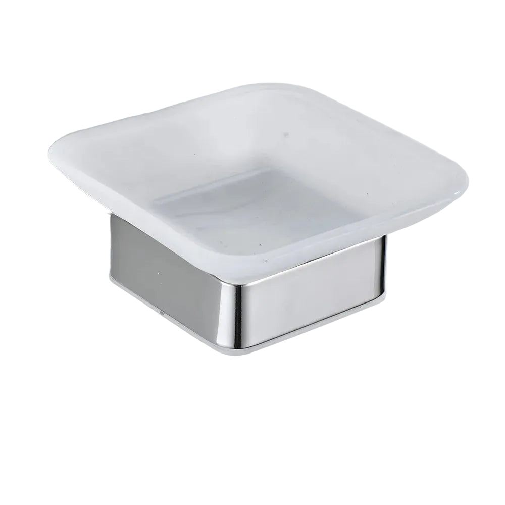 Wall-mounted chrome soap dish with frosted glass tray and polished stainless steel bracket, white background