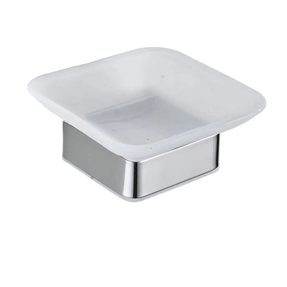 Wall-mounted chrome soap dish with frosted glass tray and polished stainless steel bracket, white background