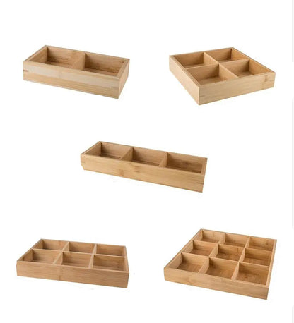  Overview of all five natural bamboo tray variants — 2, 3, 4, 6 and 9 sections — displayed together on white background, showing the full range of the Bamboo Grid Serving & Organiser Tray by CL House