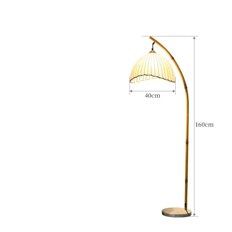  Arc & Pleat canvas floor lamp with curved bamboo-finish arc, pleated cream shade and marble base, shown with dimensions: 160 cm height and 40 cm shade diameter