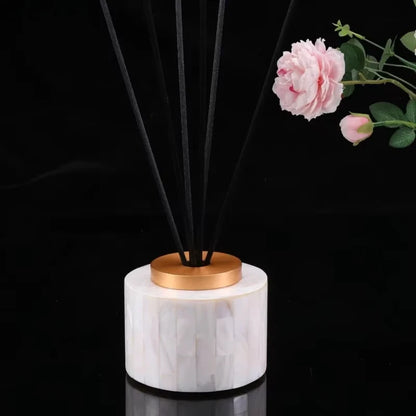 Natural shell mosaic reed diffuser with black rattan sticks — Pearl White finish — CL House