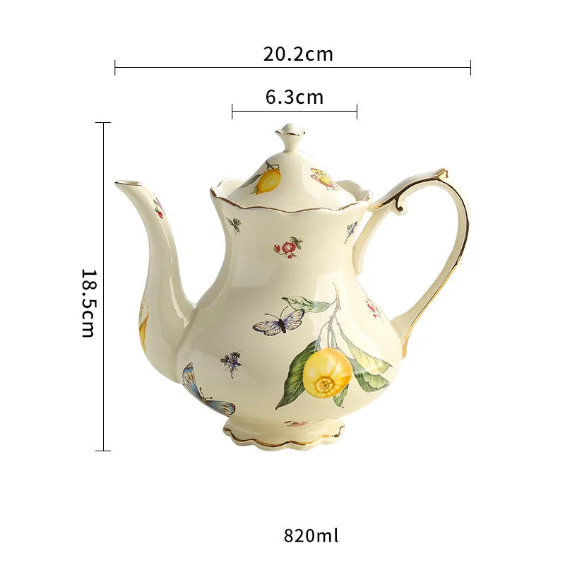 "Cream porcelain teapot with lemon botanical print, butterflies and gold trim, Victorian silhouette — CL House Tea Time"