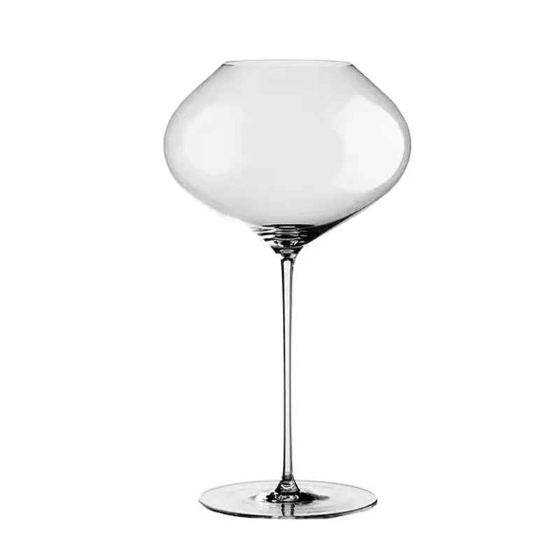 "Gravity" disc bowl crystal wine glass on white background, distinctive flat disc bowl and elegant stem — CL House Drinkware collection