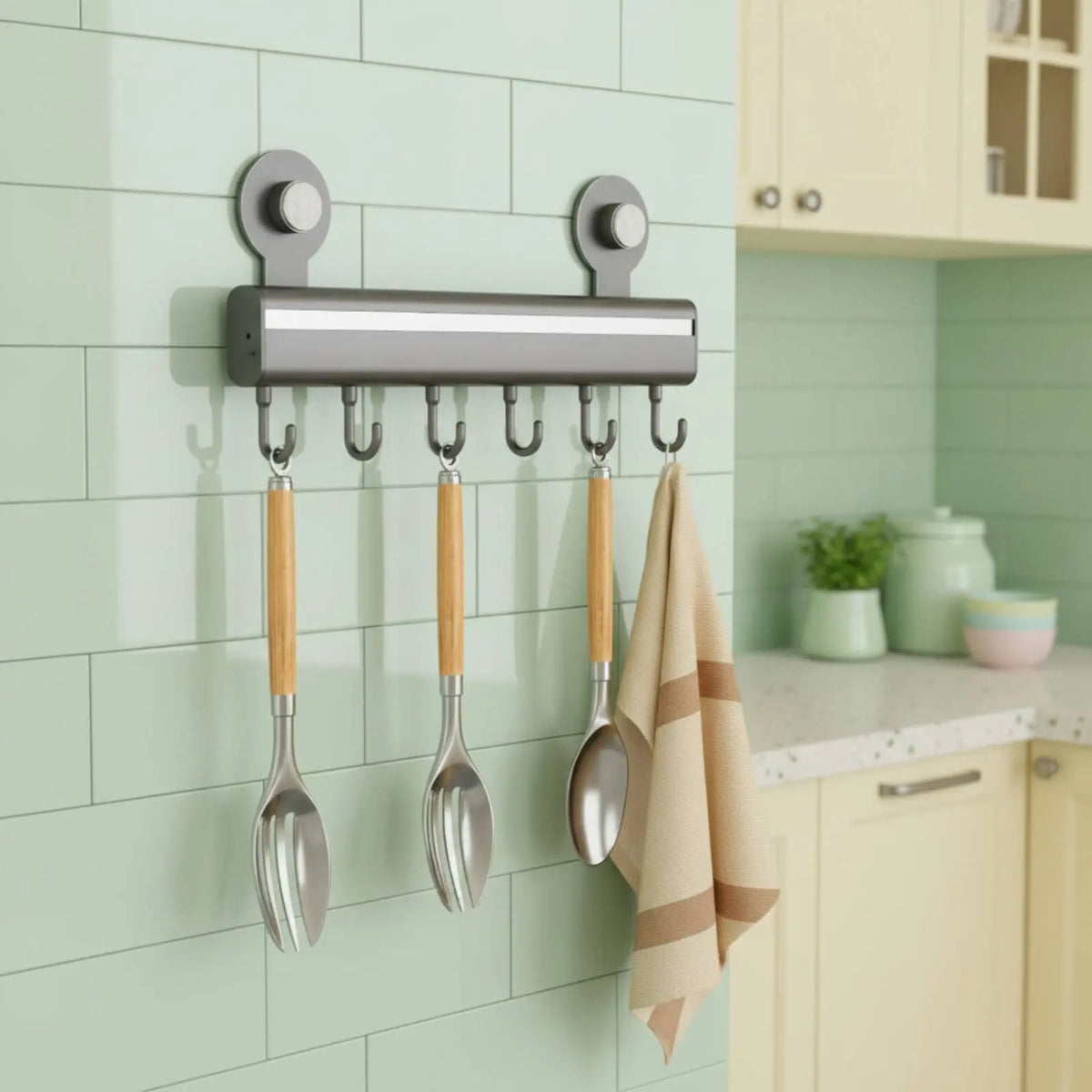 Gray adhesive wall-mounted kitchen hook rail on green tiles holding bamboo handle spoons and a linen kitchen towel in a bright kitchen, CL House & Home