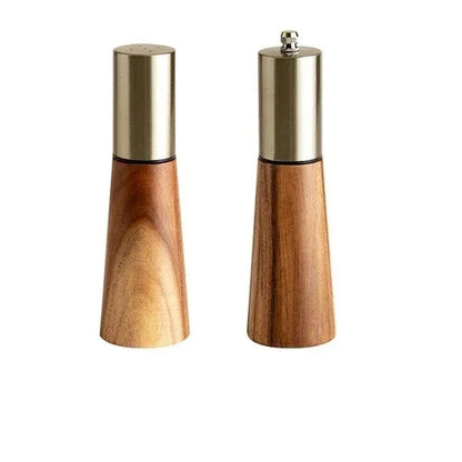 Acacia Twist salt and pepper mill set, two mills side by side on white background showing tapered acacia wood body and brushed stainless steel top