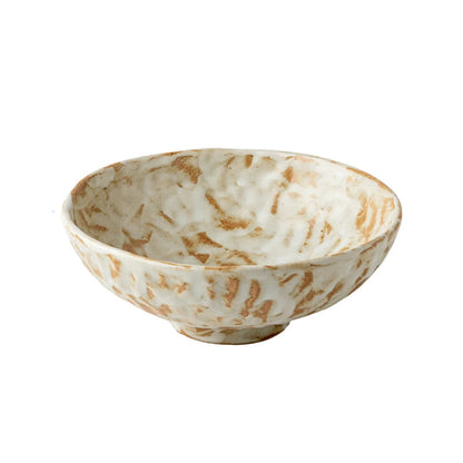 "Amber Brush" rustic stoneware serving bowl with hand-painted cream and amber brushstroke glaze, clean white background, Ø 20.6cm