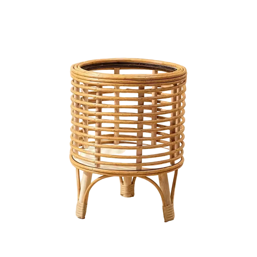 "Rattan Weave" natural rattan plant stand with spiral horizontal weave pattern, Large size, glass top insert, arched three-legged base, warm honey tone finish, shown on white background

