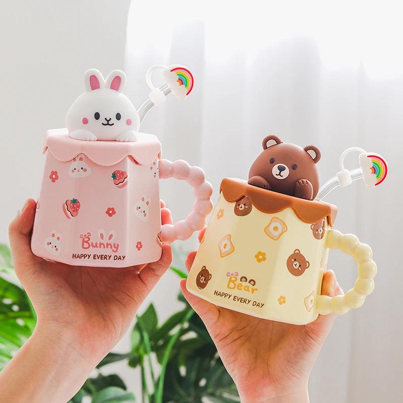Cartoon Ceramic Mug Lid And Spoon Novelty Mug Kids Mug Cute Coffee Mug Gift Anime Kawaii