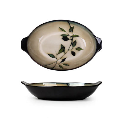  "Painted Leaf" ceramic oval baking dish top and side view with handles, hand-painted leaf motif in ivory and espresso glaze, 25.5cm, white background