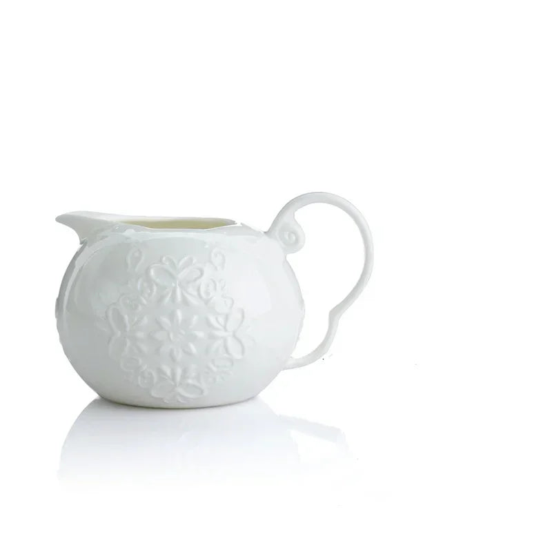 (Milk Jug):

"White embossed bone china milk jug with floral relief and curved handle — CL House Tea Time"