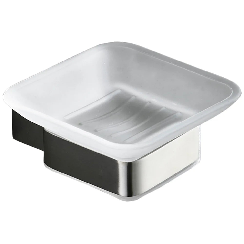 Wall-mounted soap dish with frosted glass tray and polished chrome stainless steel bracket, white background