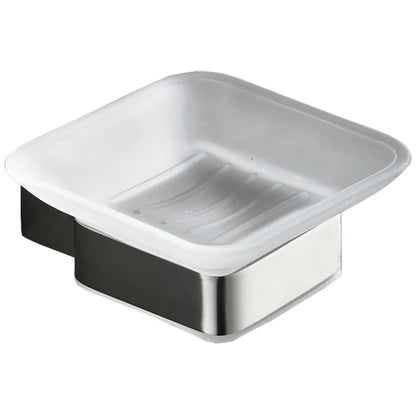 Wall-mounted soap dish with frosted glass tray and polished chrome stainless steel bracket, white background