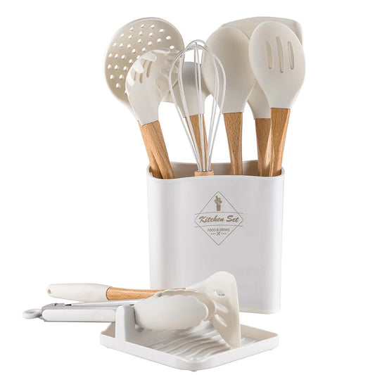 White silicone kitchen utensils set with bamboo handles in storage holder and spoon rest, CL House & Home