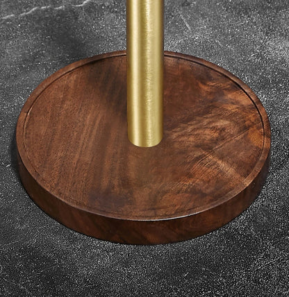Close-up of the solid walnut wood base and brushed gold rod of the Walnut & Gold Paper Towel Holder — showing the natural wood grain and quality 