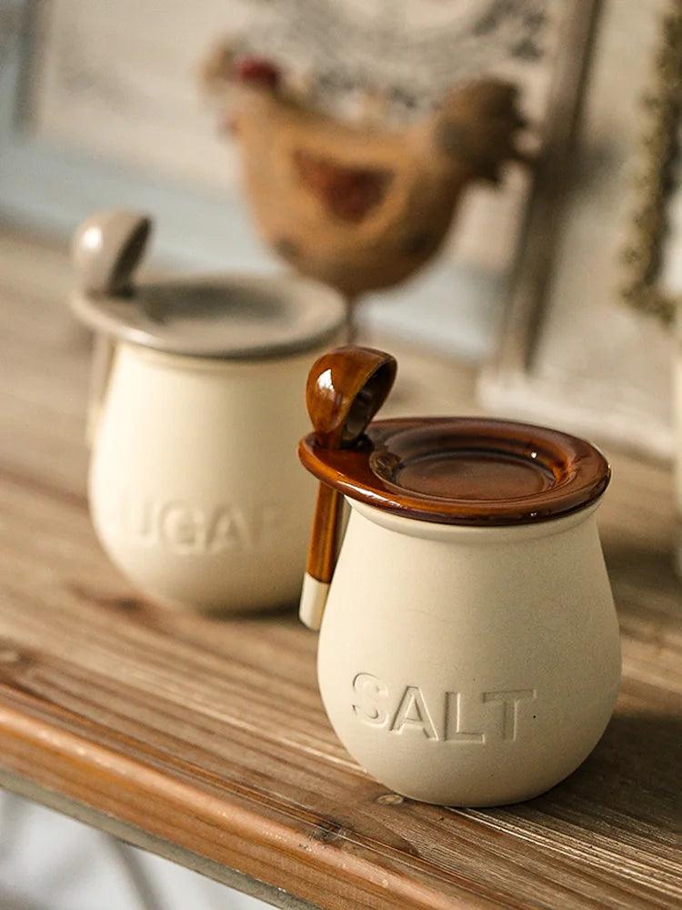 vintage charm

ceramic spice jar

spice container

sugar jar

salt shaker

vintage jar

sealed jar

moisture-proof jar

food storage

spoon set