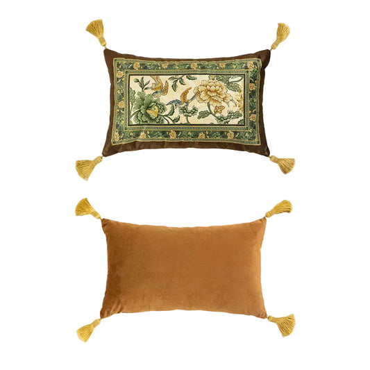  "Jade Peony" chinoiserie velvet lumbar cushion cover front and back view, ivory ground with green peonies and exotic birds, dark green botanical border, caramel velvet reverse with gold corner tassels — CL House Cushions collection