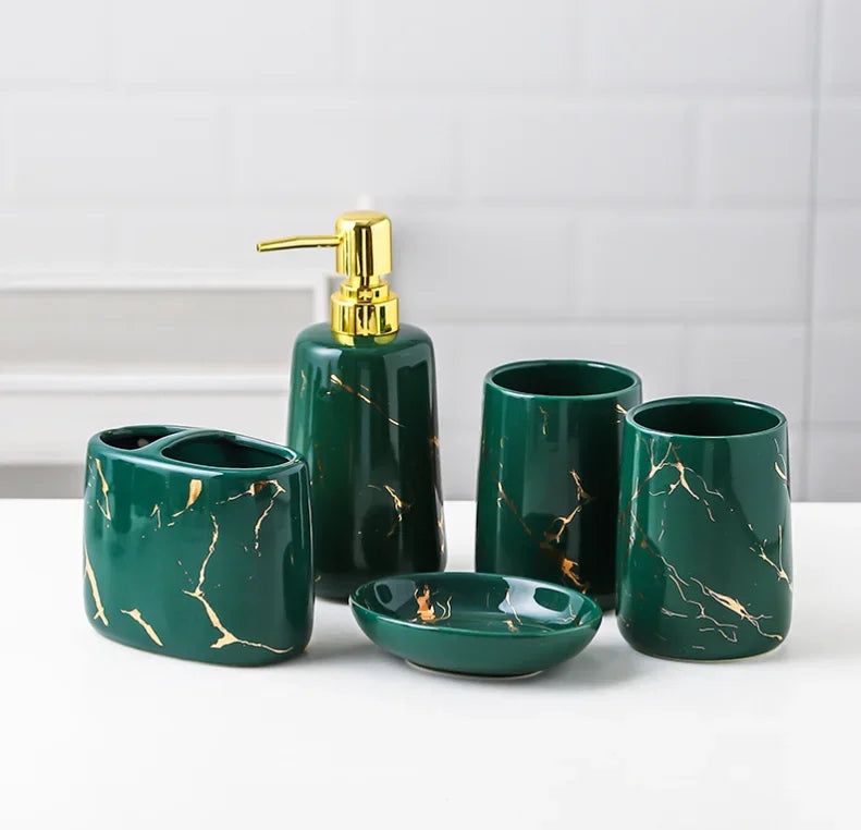 Marble porcelain bathroom set

Luxury bathroom accessories 

Ceramic soap dispenser set

Marble toothbrush holder

Vanity tray bathroom organiser

Porcelain toiletries suite

Modern bathroom decor

Marble effect bathroom kit

