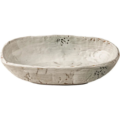  Oval Deep Bowl — 9in | 23 × 12.6cm · H 5.9cm · 700ml · 546g, wabi-sabi stoneware ceramic with celadon glaze and ink-spot markings, white background