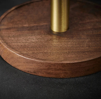 Close-up of the solid walnut wood base and brushed gold rod of the Walnut & Gold Paper Towel Holder — showing the natural wood grain and quality craftsmanship.