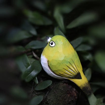 "Garden Perch" hand-carved wooden bird figurine, painted Japanese white-eye, CL House
