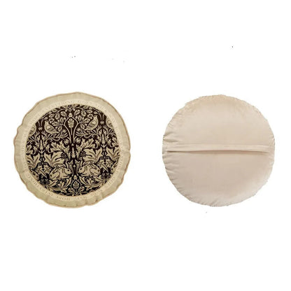 "Dark Forest" botanical velvet round cushion cover front and back view, dark chocolate ground with ivory tree of life, birds and rabbits botanical motif, scalloped cream border with typographic trim, plain cream velvet reverse — CL House Cushions collection
