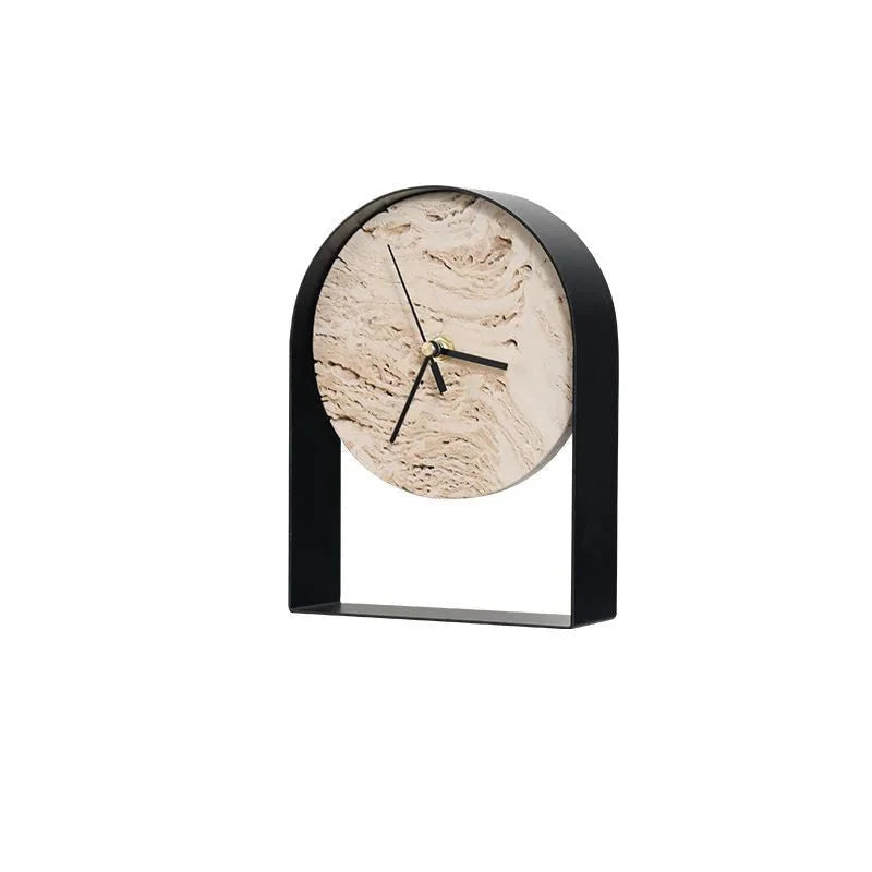 Black metal arched table clock with a natural travertine stone dial, shown with dimensions of 15 cm wide, 5 cm deep and 20 cm tall