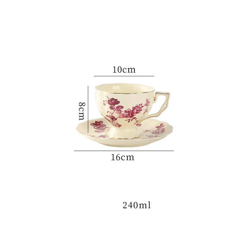 "Cream porcelain teacup and saucer with lemon botanical print pattern F and gold trim, 240ml — CL House Tea Time"