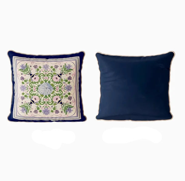  "Lavender Bloom" botanical velvet cushion cover — soft cream ground with symmetrical mandala of lavender hydrangeas, anemones and green foliage, navy blue reverse with cream piping, 45×45cm — CL House